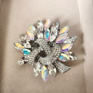 Large Statement Silver Iridescent Crystal Stones Brooch Pin